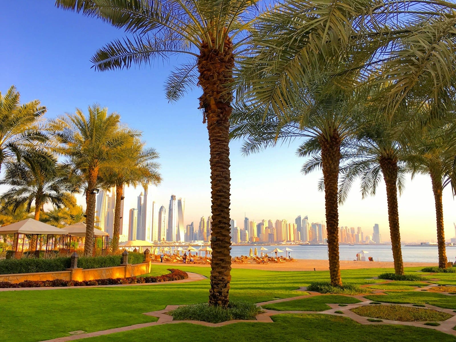 Green, sunny park in Dubai, surrounded by modern buildings.