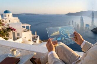 Investor analyzing a comparative chart of reinvesting property yields in Dubai vs Europe on a tablet.
