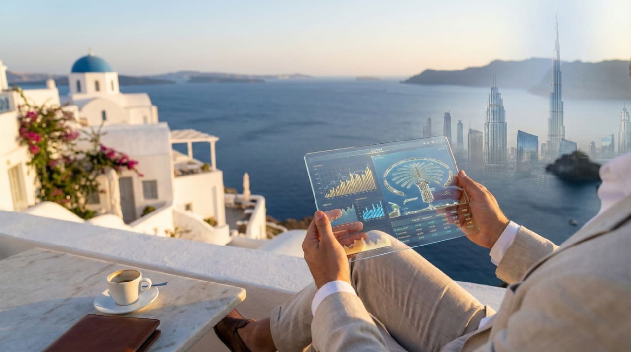 Investor analyzing a comparative chart of reinvesting property yields in Dubai vs Europe on a tablet.