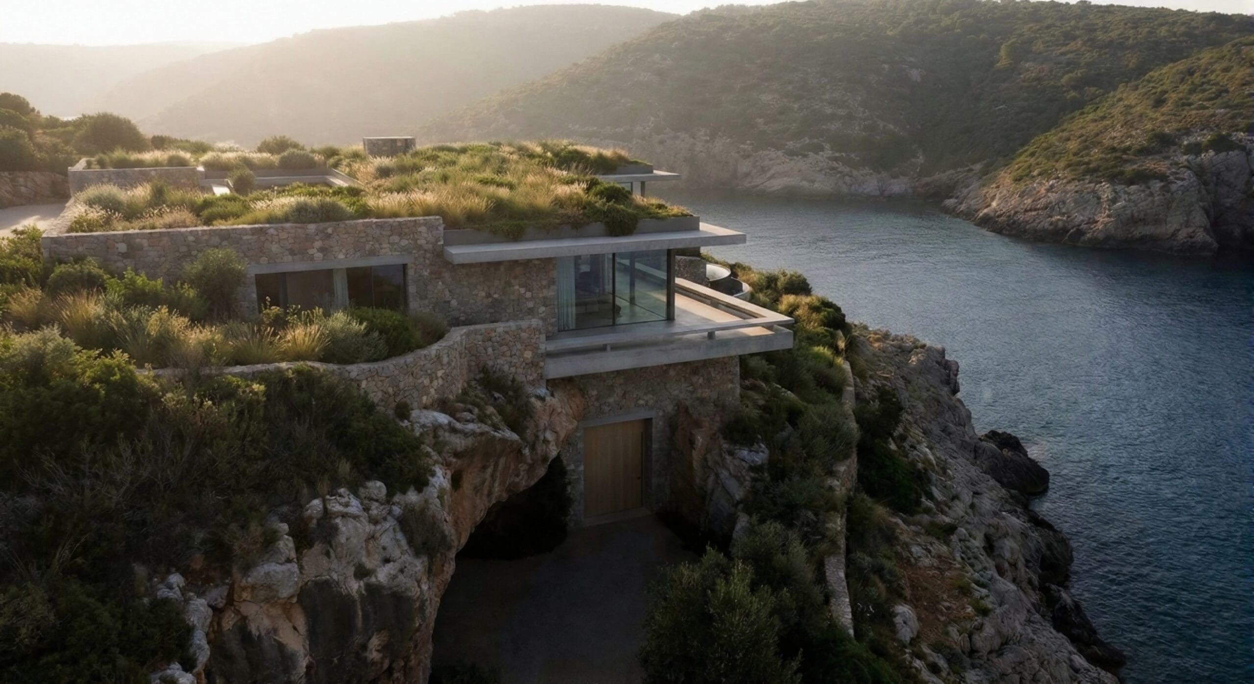 Modern luxury house dug into a cliff with a green roof and hidden entrance representing the Fortress Real Estate concept.