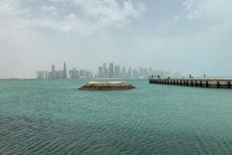 A composite view of the Dubai skyline, Abu Dhabi skyline, and Al Marjan Island in Ras Al Khaimah.