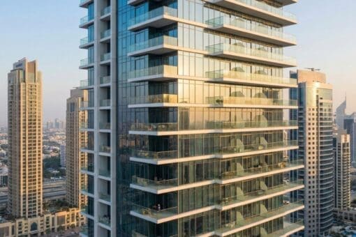 Modern residential building in Dubai at sunset, symbolizing long-term investment return and high ROE.