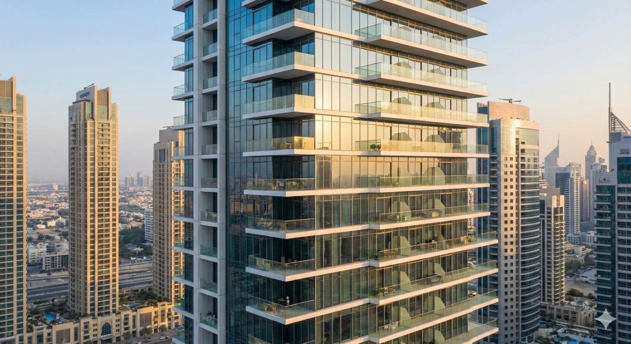 Modern residential building in Dubai at sunset, symbolizing long-term investment return and high ROE.